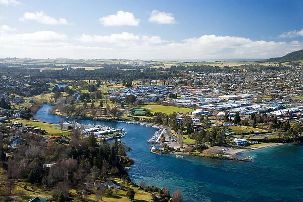 Taupo, Lake Taupo and Waikato River, North Island, New Zealand - aerial