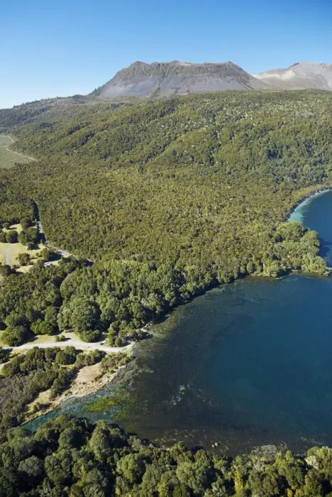 Framed Print : Te Tapahoro Bay, Lake Tarawera flowing into Tarawera River, and Mount Tarawera, near Rotorua