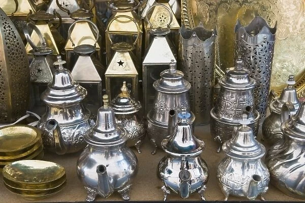Teapots and lanterns for sale in the souk, Medina, Marrakech (Marrakesh), Morocco