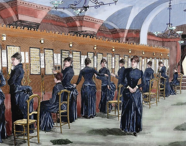 Telephone service in Madrid. Central office. Colored engraving, 1886