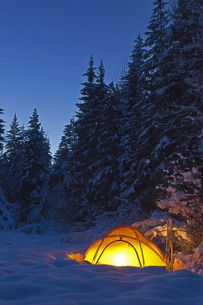 Tent glows at dusk during winter camping near West Glacier, Montana, USA