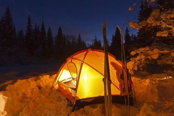 Tent glows at dusk during winter camping near West Glacier, Montana, USA (MR)