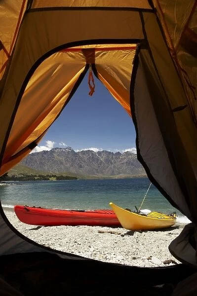 Tent, Kayaks and The Remarkables, Lake Wakatipu, Queenstown, South Island, New Zealand