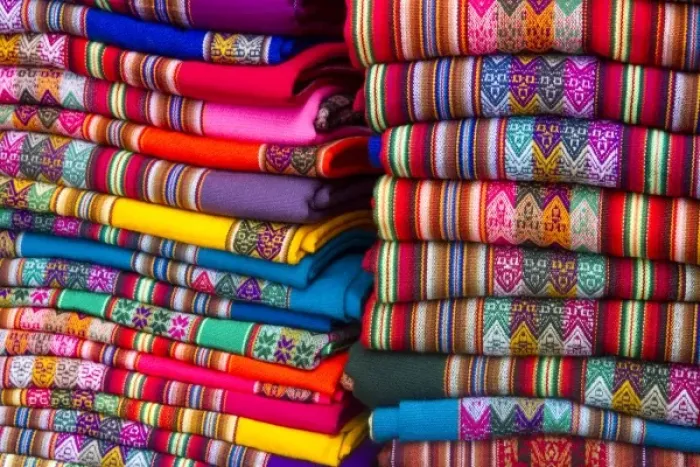 Framed Print : Textiles being sold at a market in Lima, Peru