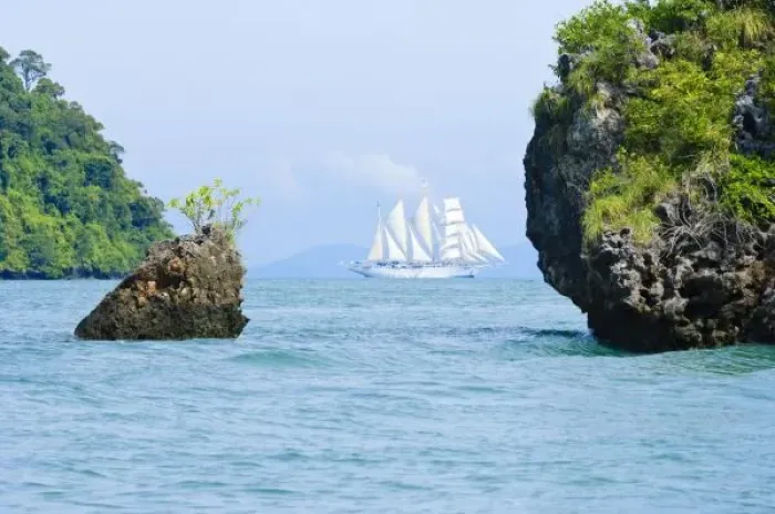 Framed Print : Thailand, Andaman Sea. Star Fyer clipper ship in the Ao Phang Nga Islands in the Andaman Sea