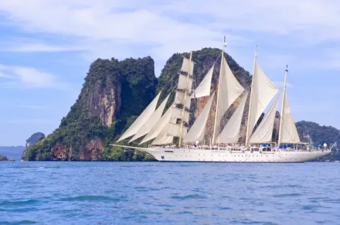 Framed Print : Thailand, Andaman Sea. Star Fyer clipper ship in the Ao Phang Nga Islands in hte Andaman Sea
