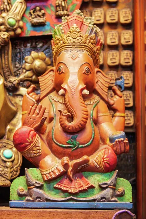 Framed Print : Thailand, Bangkok. Carved and painted wooden statue of Ganesha, or Phra Phikanet