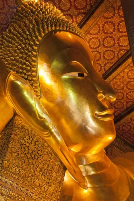 Framed Print : Thailand, Bangkok. Close-up of the head of the Reclining Buddha inside Wat Pho Framed Print : Thailand, Bangkok. Close-up of the head of the Reclining Buddha inside Wat Pho