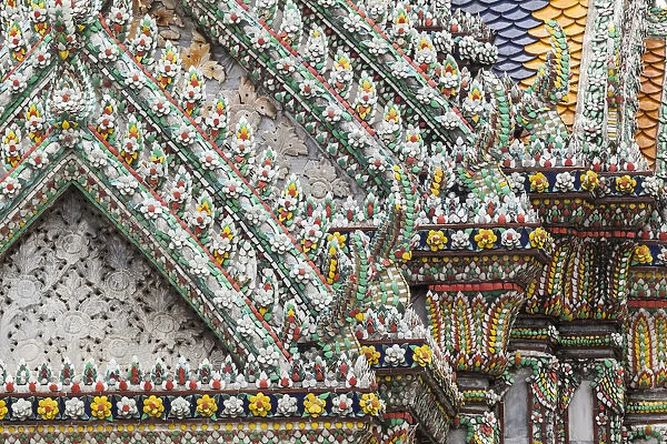 Thailand, Bangkok, Grand Palace. Ornate details of a temple in the compound