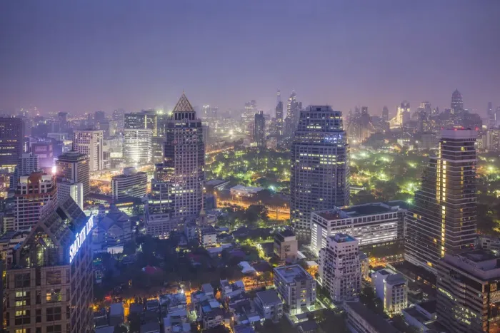 Framed Print : Thailand, Bangkok. Lumphini, high angle city skyline at dawn