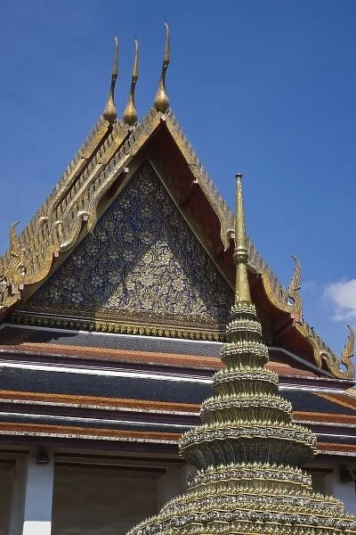 Thailand, Bangkok. Ornately decorated stupas in the Wat Pho compound