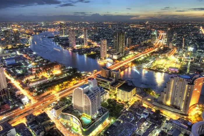 Framed Print : Thailand, Bangkok. Overview of city at dusk
