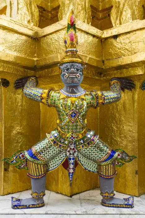 Framed Print : Thailand, Bangkok. Yaksha (demons) guard one of the golden chedi at Wat Phra Kaew Framed Print : Thailand, Bangkok. Yaksha (demons) guard one of the golden chedi at Wat Phra Kaew