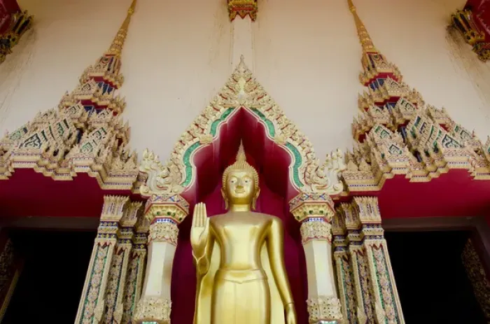Framed Print : Thailand, Ko Samui (aka Koh Samui). Wat Plai Laem, Buddhist temple. Golden Buddha statue