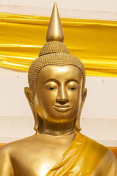 Thailand, Nong Khai Province. Head and shoulders of golden Buddha statue