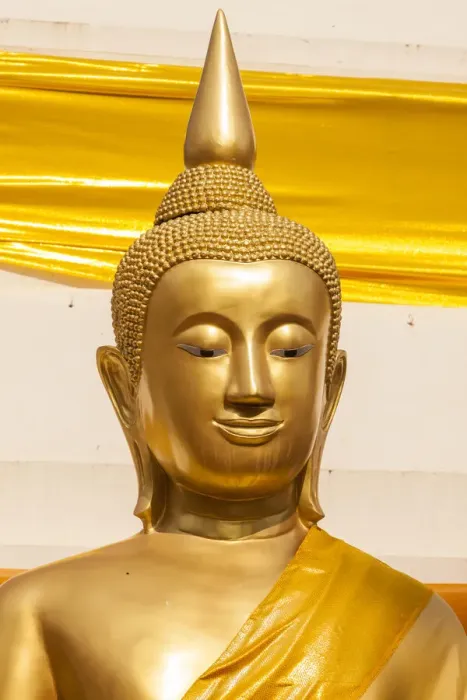 Framed Print : Thailand, Nong Khai Province. Head and shoulders of golden Buddha statue