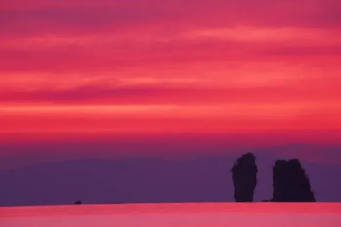 Framed Print : Thailand, Phang Nga Bay. Pink sky reflected in sea with jagged karst (limestone) islands Framed Print : Thailand, Phang Nga Bay. Pink sky reflected in sea with jagged karst (limestone) islands