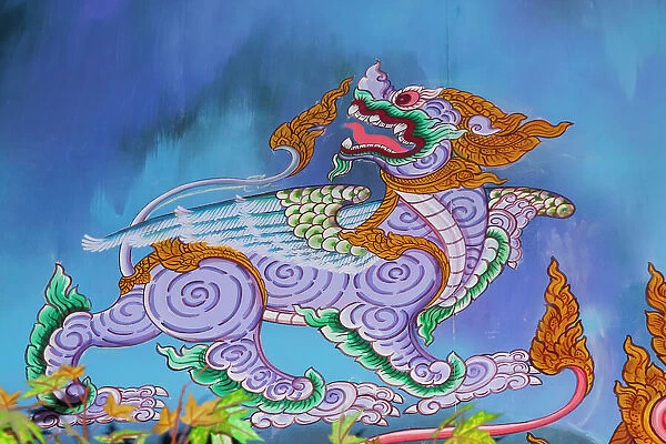 Thailand, Phuket. Mural of mythical creatures. Winged lion