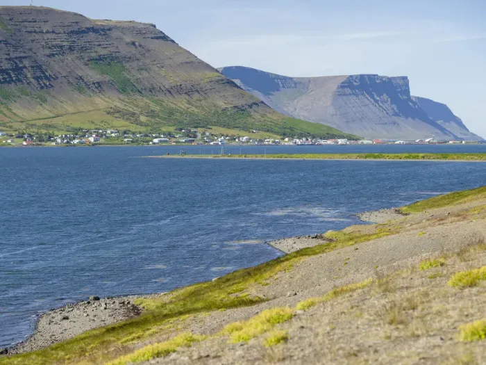 Framed Print : Thingeyri located on the shore of Dyrafjordur fjord