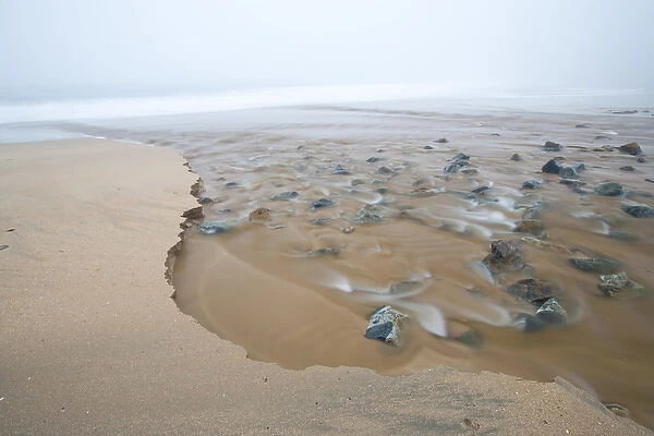 A tidal creek cuts a path through the sand on Sand Beach in Acadia National Park