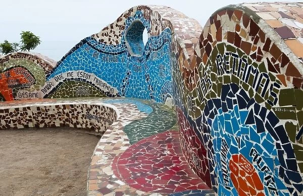 Tile ceramics on bench near ocean at the Love Park in Lima Peru