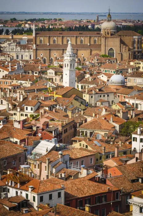 Framed Print : Tile roof tops and leaning bell tower of Santa Maria Formosa church from the Campanile San Marco Framed Print : Tile roof tops and leaning bell tower of Santa Maria Formosa church from the Campanile San Marco