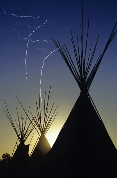 Framed Print : Tipis at sunset at Browning Montana (lightning added digitally)