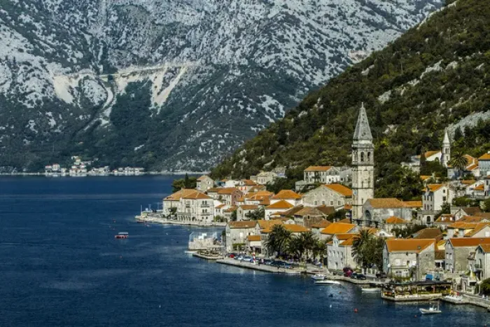 Framed Print : Tivat, Eastern Fjords, Montenegro. Orange tiled roofs, church and a village waterfront Framed Print : Tivat, Eastern Fjords, Montenegro. Orange tiled roofs, church and a village waterfront