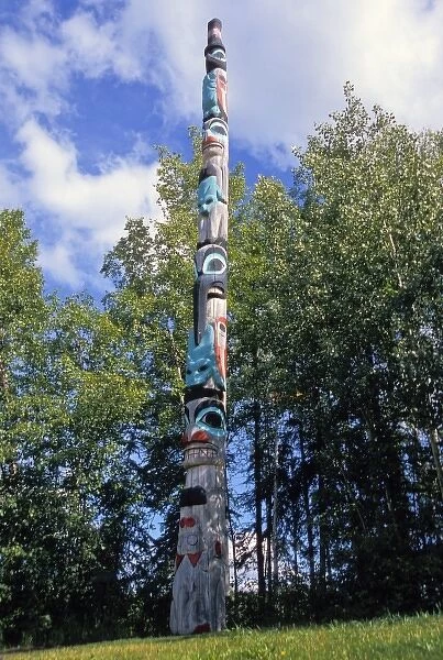 Tlingit carved and painted wooden totem pole on display at the University of Alaska