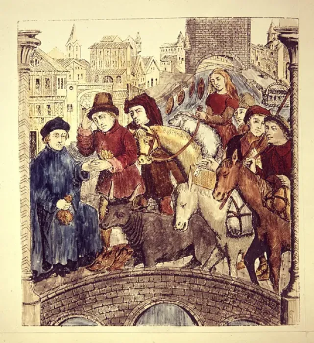 Framed Print : Toll paying on passing a bridge, 15th cent. FRANCE Framed Print : Toll paying on passing a bridge, 15th cent. FRANCE