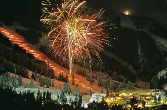 Framed Print : Torchlight parade and fireworks during Winter Carnival at Big Mountain ski resort