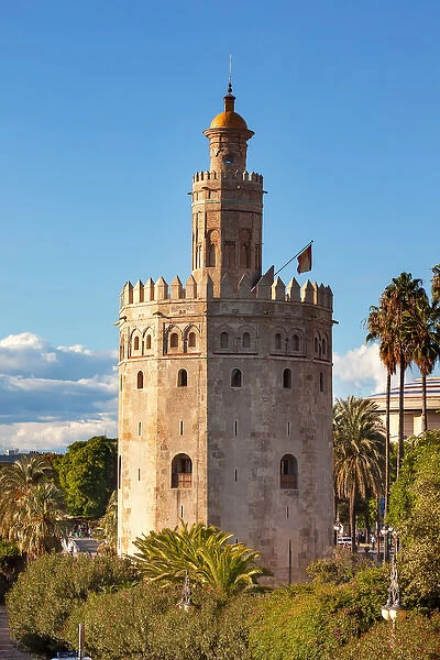 Torre del Oro Old Moorish Military Watchtower Seville Andalusia Spain. Built in the 1200s