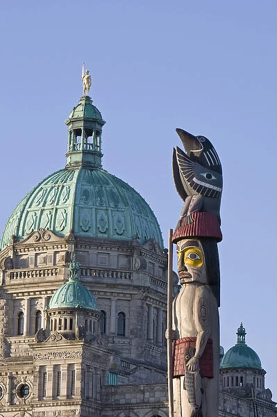 Totem pole at the Parliament building in Victoria British Columbia Canada