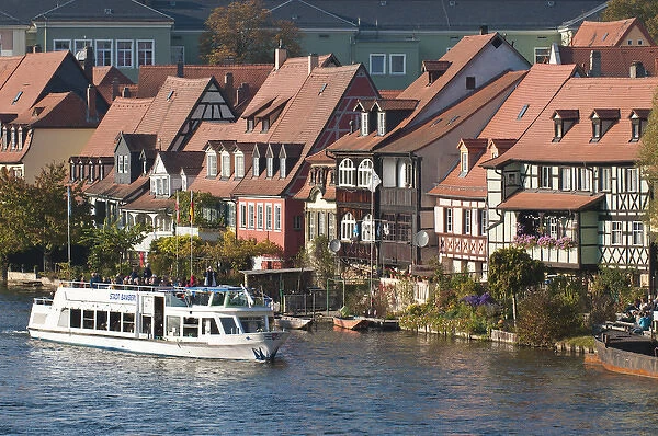 Tour boat in Little Venice (Klein Venedig) and River Regnitz in Bamberg, Germany