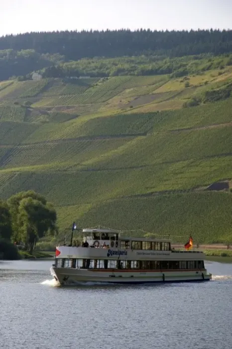 Framed Print : Tour boat on the Mosel River in northwest Germany with vineyards on the hillside Framed Print : Tour boat on the Mosel River in northwest Germany with vineyards on the hillside