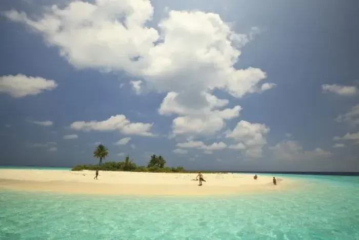Framed Print : Tourist on beach, Mathidhoo Island, uninhabited, North Huvadhoo Atoll, Southern Maldives