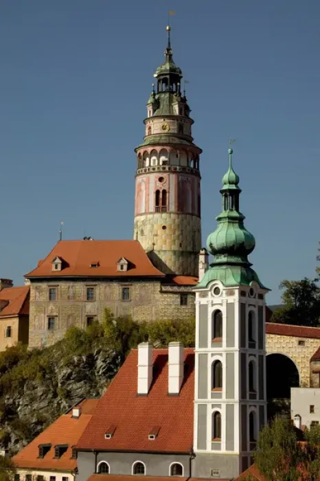 Framed Print : Tower of the chateau and the Saint Jost Church, Cesky Krumlov, Bohemia, Czech Republic