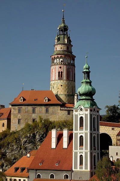 Tower of the chateau and the Saint Jost Church, Cesky Krumlov, Bohemia, Czech Republic