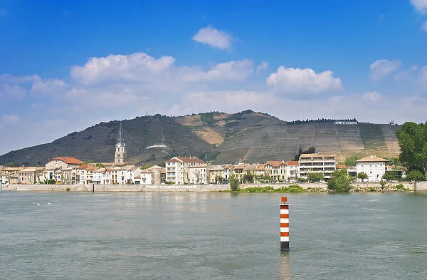 The town Tain l Hermitage, the river Rhone, The Hermitage vineyards on the