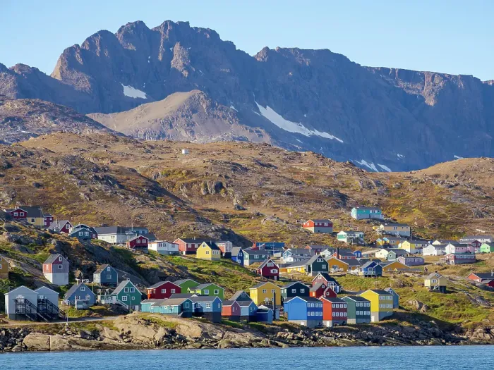 Framed Print : Town Tasiilaq (former Ammassalik), the biggest town in Greenland, Danish Territory, autumn