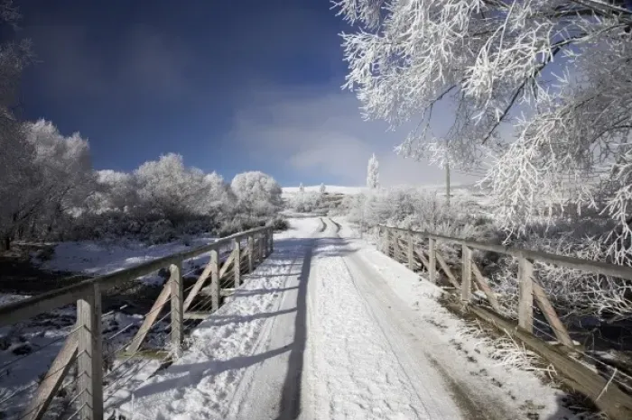 Framed Print : Track and Bridge through Hoar Frost and Snow, Idaburn, Maniototo, South Island, New