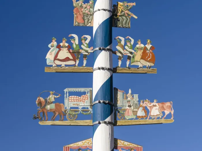 Framed Print : Traditional Bavarian maypole (Maibaum). Village Schliersee in the Bavarian Alps, Bavaria