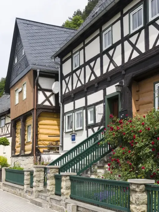 Framed Print : Traditional Half timbered buidlings in the village of Bad Schandau Postelwitz in summer Framed Print : Traditional Half timbered buidlings in the village of Bad Schandau Postelwitz in summer