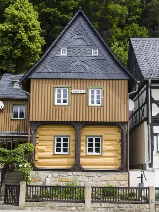 Framed Print : Traditional Half timbered buidlings in the village of Bad Schandau Postelwitz in summer Framed Print : Traditional Half timbered buidlings in the village of Bad Schandau Postelwitz in summer