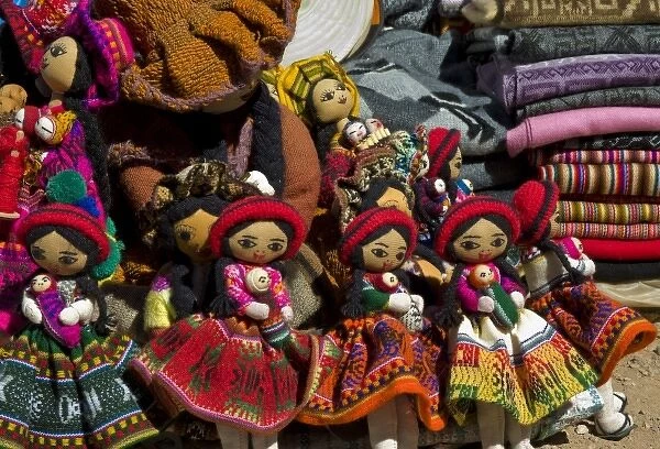 Traditional handicrafts for sale at historic Sacsaywaman in the hills above Cuzco, Peru