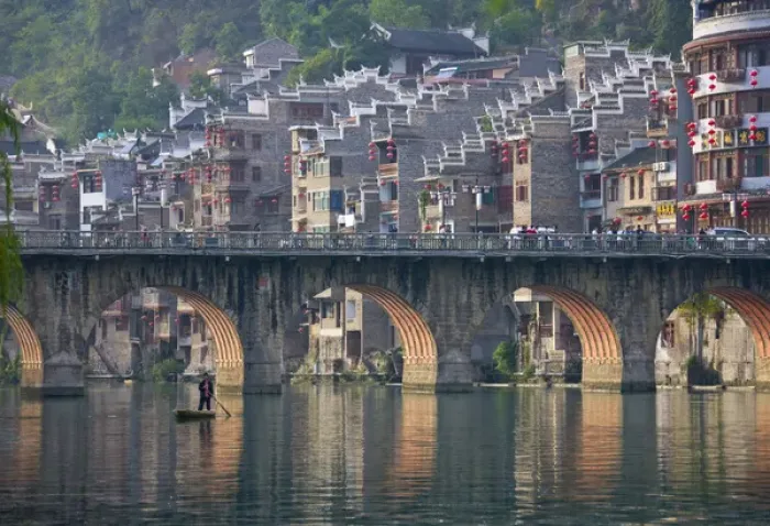 Framed Print : Traditional houses and bridge on Wuyang River, Zhenyuan, Guizhou, China Framed Print : Traditional houses and bridge on Wuyang River, Zhenyuan, Guizhou, China
