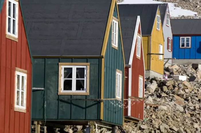 Framed Print : Traditional houses Ittoqqortoormiit Scorsby Sund Greenland
