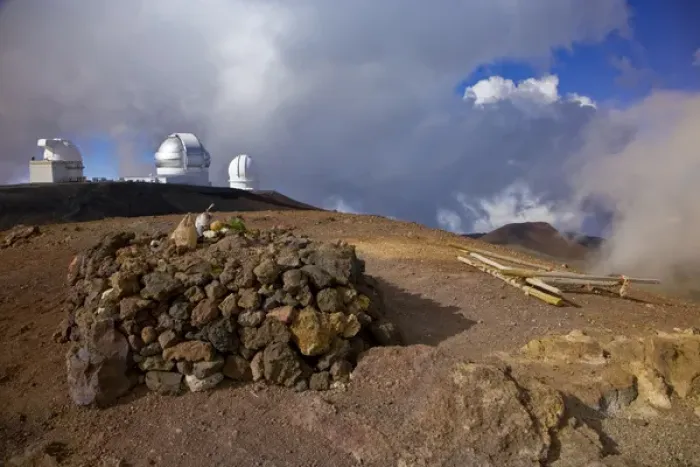 Framed Print : A traditional offering to the gods on the summit of Mauna Kea, with Keck Observatory