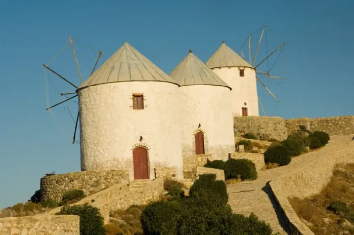 Framed Print : Traditional wind mills in Pandelli. Leros, Dodecanese Islands, Greece