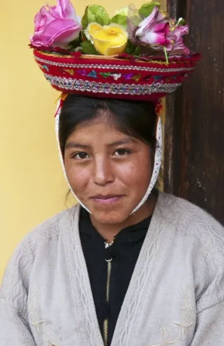 Framed Print : Traditional woman in colorful flower hat; in small town of Pisaq Peru (MR) Framed Print : Traditional woman in colorful flower hat; in small town of Pisaq Peru (MR)